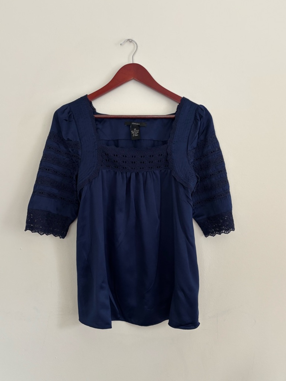 Navy Lace Detail Sleeve Square-Neck Blouse - Size Small